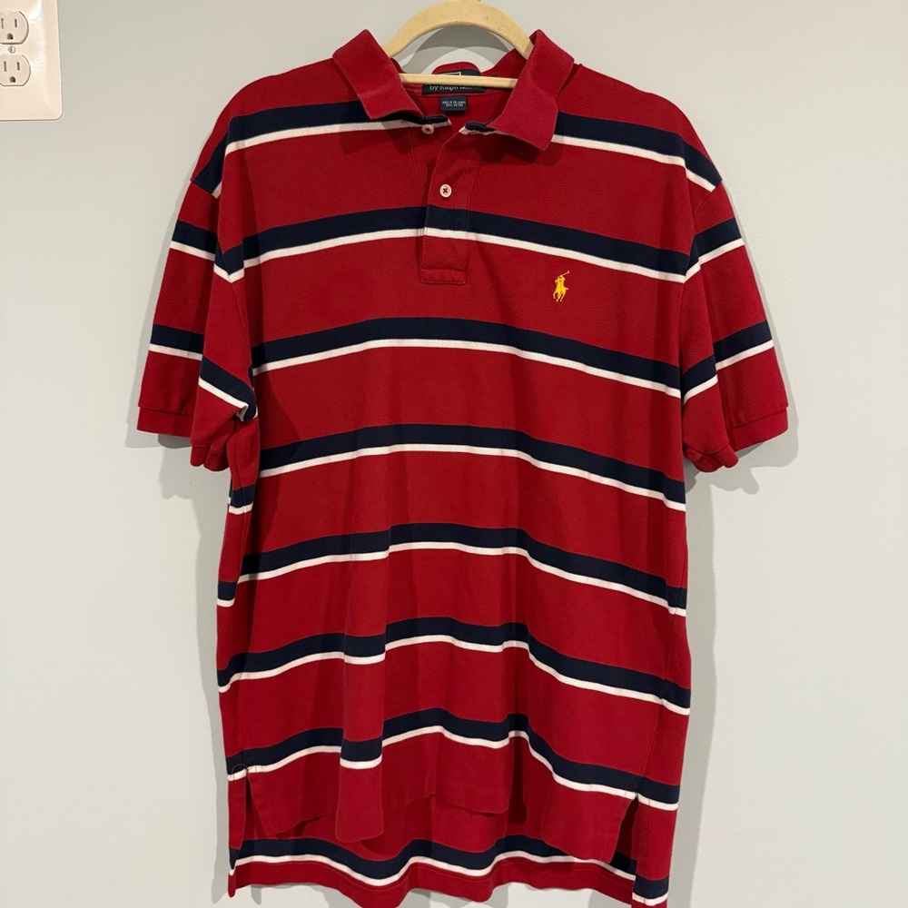 Ralph Lauren Men's Red and Blue Striped Polo Shirt